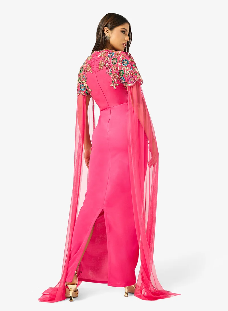 Virgos Lounge Fernanda Cape Sleeve Beaded Ruched Maxi Dress